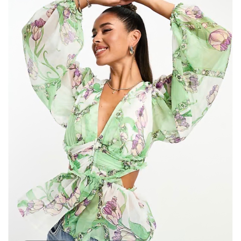ASOS Green Fairy Floral Tulip Print Cut Out Balloon Sleeve Peplum Top US 0